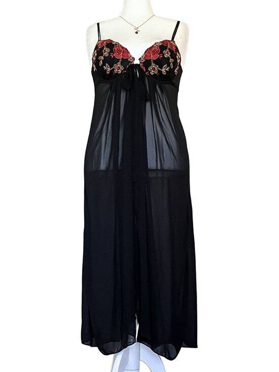 Vintage Other - Vintage 90s Sheer Black Lingerie Long Slip Dress Embroidered. M/L. Whimsigoth
